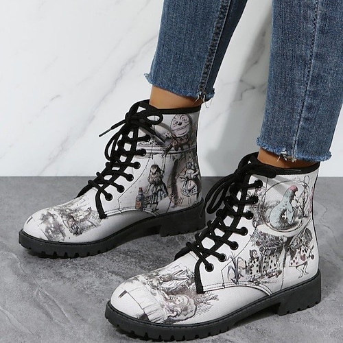 

Women's Boots Combat Boots Plus Size Daily Booties Ankle Boots Winter Chunky Heel Round Toe Casual PU Leather Lace-up White