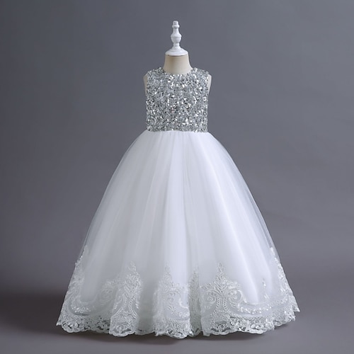 

Kids Girls' Dress Sequin A Line Dress Asymmetrical Dress Performance Sequins Cotton Sleeveless Princess Dress 3-10 Years Winter White