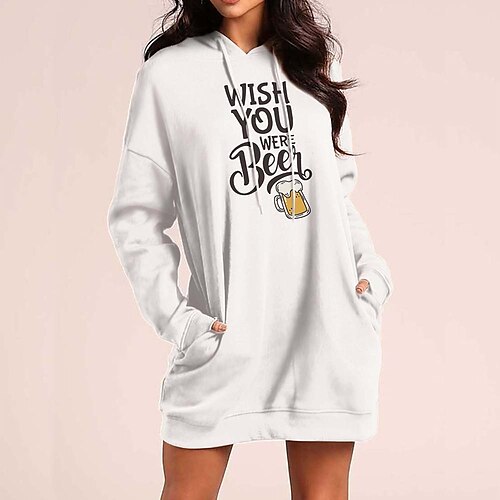 

Women's Hoodie Dress Streetwear Long Pocket Print White Black Text Beer Daily Hooded Long Sleeve S M L XL XXL