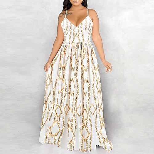 

Women's A Line Dress Maxi long Dress Beige Sleeveless Print Cold Shoulder Summer Spaghetti Strap Casual Vacation 2022 S M L XL XXL