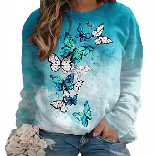 

Women's Plus Size Tops Pullover Sweatshirt Floral Butterfly Print Long Sleeve Crewneck Casual Streetwear Daily Going out Cotton Blend Fall Winter White Blue