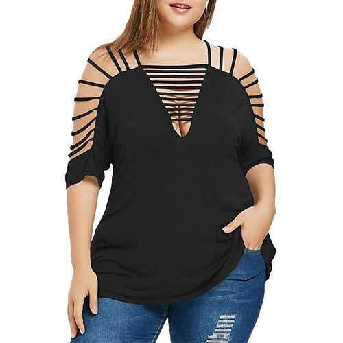 

Women's Plus Size Tops T shirt Tee Plain Cut Out Half Sleeve V Neck Streetwear Daily Going out Polyester Fall Winter Black Purple