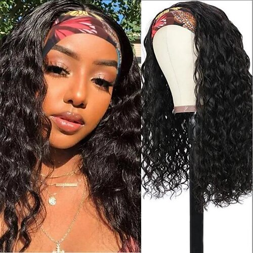 

Remy Human Hair Wig Long Water Wave With Headband Natural Black Adjustable Natural Hairline Machine Made Capless Brazilian Hair All Natural Black #1B 10 inch 12 inch 14 inch Daily Wear Party & Evening