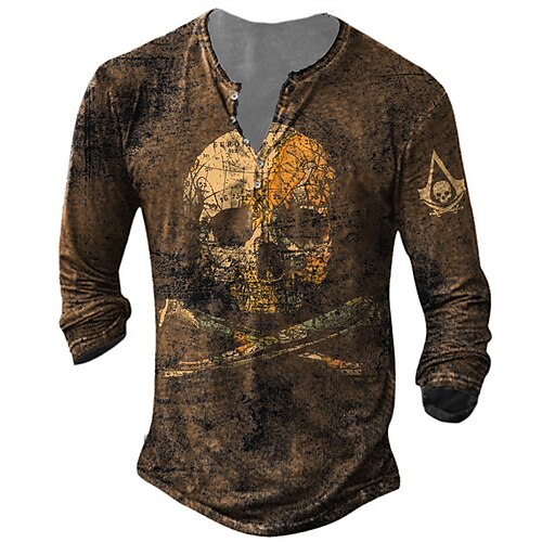 

Men's T shirt Tee Henley Shirt Tee Graphic Skull Henley Brown 3D Print Plus Size Outdoor Daily Long Sleeve Button-Down Print Clothing Apparel Basic Designer Classic Comfortable / Sports