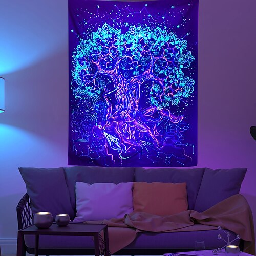 

Blacklight UV Reactive Tapestry Mandala Tree of Life Decoration Cloth Curtain Picnic Table Cloth Hanging Home Bedroom Living Room Dormitory Decoration Polyeste