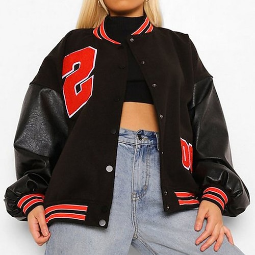 

Women's Casual Jacket Windproof Warm Outdoor Athleisure Vacation Going out Pocket Oversized Embroidery Single Breasted Stand Collar Chic & Modern Street Style Letter Regular Fit Outerwear Long Sleeve