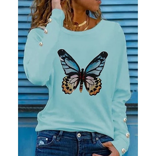 

Women's Sweatshirt Pullover Button Up Hoodie Active Streetwear Print White Black Blue Butterfly Daily Round Neck Long Sleeve S M L XL XXL