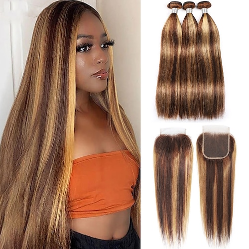 

3 Bundles with Closure Hair Weaves Brazilian Hair Straight Human Hair Extensions Remy Human Hair Hair Weft with Closure 10-26 inch Light Brown Dark Brown Women / Daily Wear