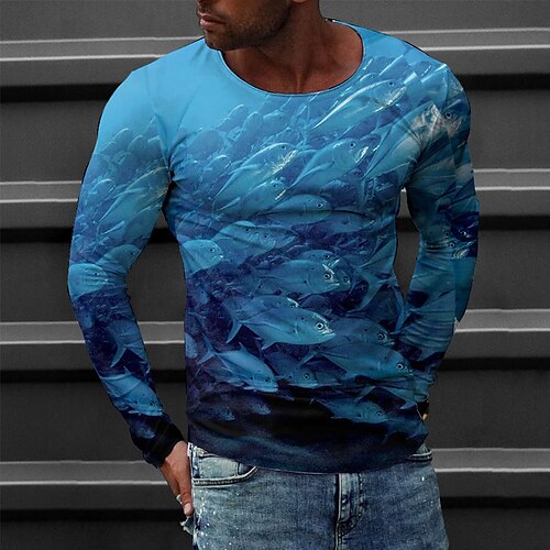 

Men's T shirt Tee Tee Graphic Round Neck Blue Long Sleeve 3D Print Casual Daily Print Tops Fashion Designer Comfortable Big and Tall