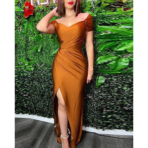 

Women's Party Dress Maxi long Dress Gold Short Sleeve Pure Color Split Zipper Spring Summer Boat Neck Cold Shoulder Modern Party 2022 S M L XL XXL