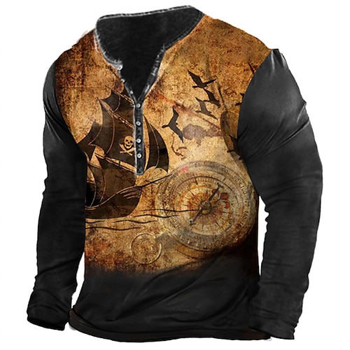 

Men's Henley Shirt Tee T shirt Tee 3D Print Graphic Skull Plus Size Henley Daily Sports Button-Down Print Long Sleeve Tops Designer Basic Classic Comfortable Brown