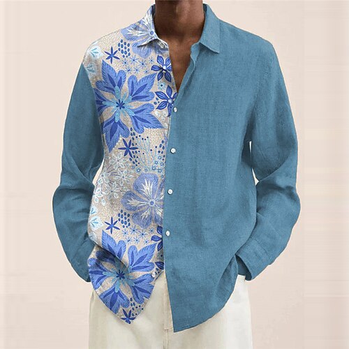 

Men's Shirt Floral Turndown Blue Long Sleeve 3D Print Outdoor Street Button-Down Print Tops Fashion Casual Breathable