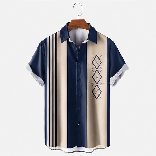 

Men's Bowling Shirt Camp Shirt Color Block Stripe Graphic Prints Turndown Navy Blue Hot Stamping Sports Holiday Short Sleeves Button-Down Print Clothing Apparel Fashion Casual Hawaiian Comfortable