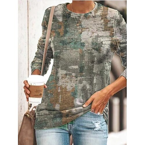 

Women's T shirt Tee Tie Dye Casual Weekend Abstract Painting T shirt Tee Long Sleeve Print Round Neck Basic Green S / 3D Print
