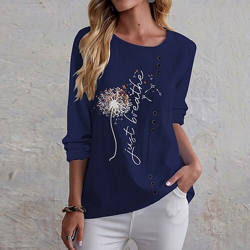 

Women's T shirt Tee Blue Khaki Navy Blue Text Dandelion Button Print Long Sleeve Holiday Weekend Basic Round Neck Regular Floral Painting S / 3D Print