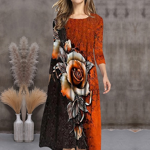 

Women's A Line Dress Casual Dress Midi Dress Red 3/4 Length Sleeve Floral Print Fall Winter Crew Neck Stylish Casual 2022 S M L XL XXL 3XL
