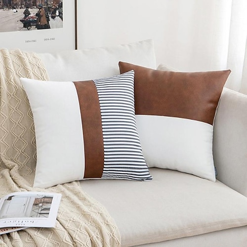 

Faux Leather Pillow Covers Farmhouse for Couch Sofa Outdoor Decorative Square Cushion Cover Tribal Stripe Pillow Case 1PC