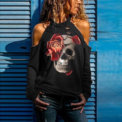

Women's Sweatshirt Pullover Skull Flower Cold Shoulder Print Daily Weekend Streetwear Casual Clothing Apparel Hoodies Sweatshirts White Blue