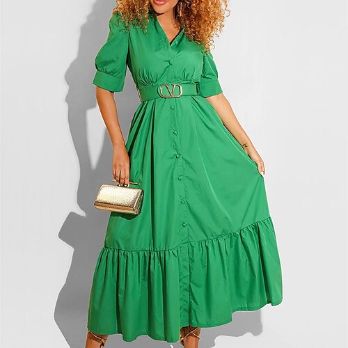 

Women's A Line Dress Maxi long Dress Green Black Purple Half Sleeve Pure Color Ruffle Fall Spring V Neck Stylish Modern 2022 S M L XL