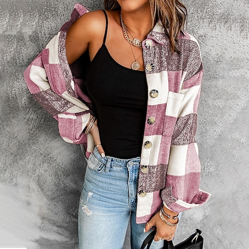 

Women's Casual Jacket Windproof Warm Outdoor Street Daily Vacation Pocket Single Breasted Lapel Modern Comfortable Street Style Plaid Regular Fit Outerwear Long Sleeve Winter Fall Black Pink M L XL