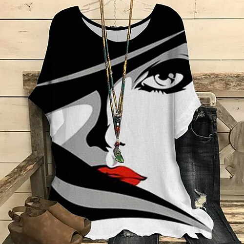 

Women's Plus Size Tops Blouse Shirt Abstract Print Short Sleeve Crewneck Streetwear Daily Vacation Polyester Spring Summer Black And White White