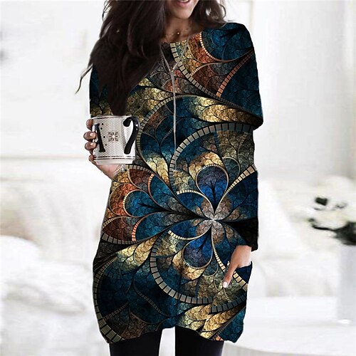 

Women's Shift Dress Casual Dress Short Mini Dress Black Long Sleeve Floral Pocket Print Fall Winter Crew Neck Casual Vacation Loose 2022 S M L XL XXL 3XL