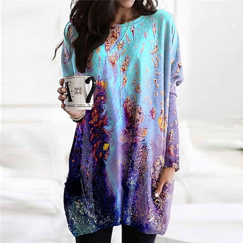 

Women's Casual Dress Shift Dress Blue Purple Light Blue Long Sleeve Floral Pocket Winter Fall Autumn Crew Neck Winter Dress Fall Dress Loose Fit 2022 S M L XL XXL 3XL