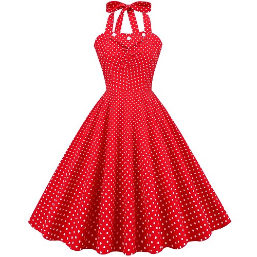 

Vestido feminino audrey hepburn da década de 1950 frente única vestido flare 100% algodão retrô vintage de bolinhas roupa diária para festa de chá casual diário ajuste sem mangasamp; vestido flare