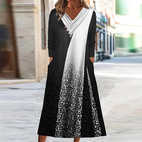 

Women's Casual Dress A Line Dress Midi Dress Black Dark Green Long Sleeve Floral Color Gradient Pocket Print Fall Spring V Neck Casual Mature Loose 2022 S M L XL XXL