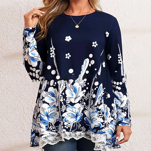 

Women's Plus Size Tops T shirt Tee Floral Lace Print Long Sleeve Round Neck Streetwear Daily Vacation Polyester Fall Winter Black And White Green