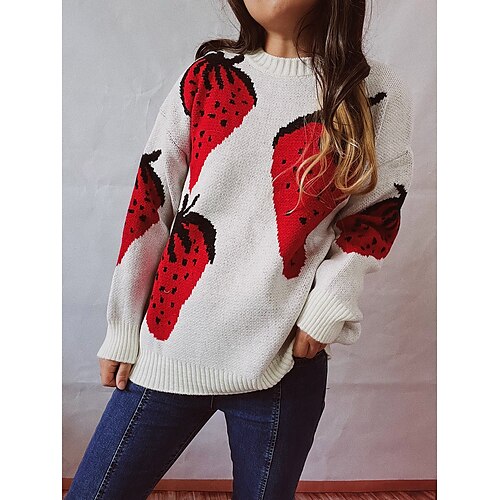 

Women's Pullover Sweater Jumper Chunky Knit Tunic Knitted Fruit Crew Neck Stylish Casual Home Daily Fall Winter White Navy Blue S M L / Long Sleeve