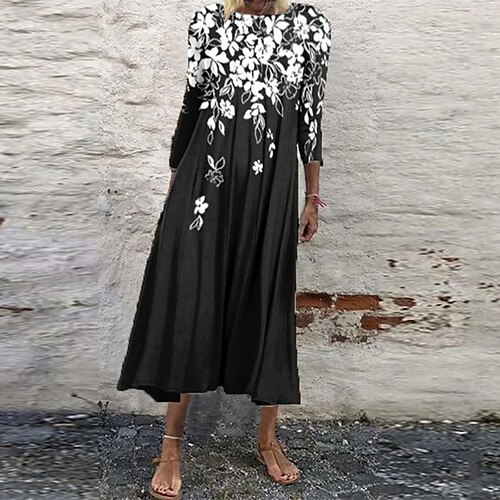 

Robe mi-longue Femme Robe casual Manches 3/4 Hiver Automne Ruché Imprimer Floral 2022 Vert Noir Bleu S M L XL XXL 3XL