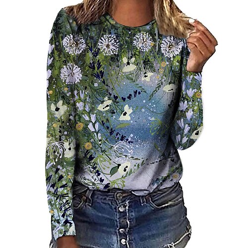 

Women's T shirt Tee Floral Casual Weekend Flower Painting T shirt Tee Long Sleeve Print Round Neck Basic Essential