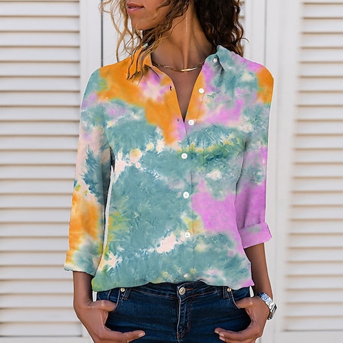 

Women's Blouse Polka Dot Butterfly Tie Dye Daily Weekend Butterfly Blouse Shirt Long Sleeve Button Print Shirt Collar Casual Streetwear White Pink Khaki S / 3D Print