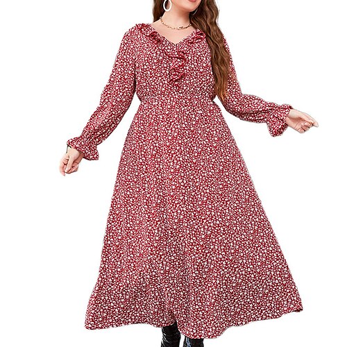 

Women's Plus Size Casual Dress Floral V Neck Ruffle Long Sleeve Fall Spring Mumu Maxi long Dress Causal Daily Dress / Print