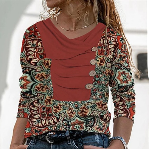

Women's Plus Size Tops T shirt Tee Floral Striped Button Print Long Sleeve V Neck Basic Daily Vacation Cotton Fall Spring Green Dark Green