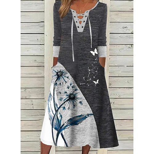 

Women's Casual Dress Midi Dress Dark Gray 3/4 Length Sleeve Patchwork Winter Fall Autumn V Neck Modern 2022 S M L XL 2XL 3XL