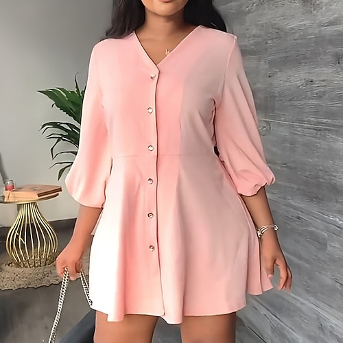 

Women's Shirt Dress A Line Dress Short Mini Dress Purple Pink Yellow 3/4 Length Sleeve Pure Color Button Fall Winter V Neck Modern 2022 S M L XL