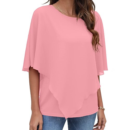 

Women's Shirt Blouse Pink Navy Blue Green Plain Short Sleeve Daily Weekend Streetwear Casual Round Neck Regular Batwing Sleeve S