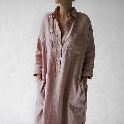 

Women's Casual Dress Shirt Dress Linen Dress Midi Dress Pink 3/4 Length Sleeve Pure Color Button Winter Fall Autumn Shirt Collar Fashion Loose Fit 2022 S M L XL XXL 3XL