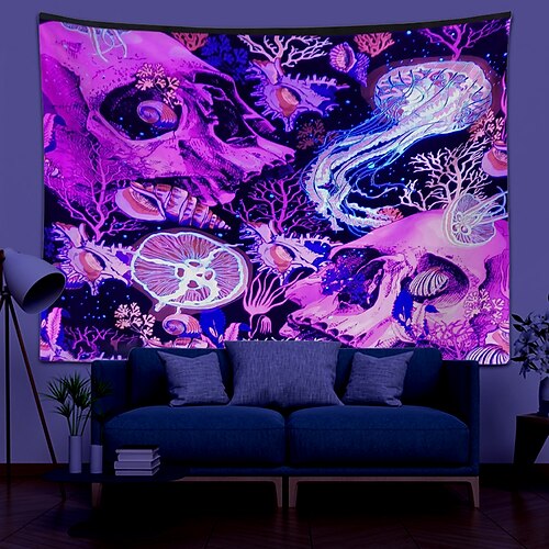 

Halloween Skull Blacklight UV Reactive Wall Tapestry Psychedelic Room Background Decorative Cloth Hanging