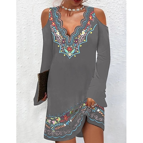 

Women's Gray Long Sleeve Print Winter Fall Autumn Halter Neck Fashion Winter Dress Weekend Fall Dress 2022 S M L XL XXL 3XL