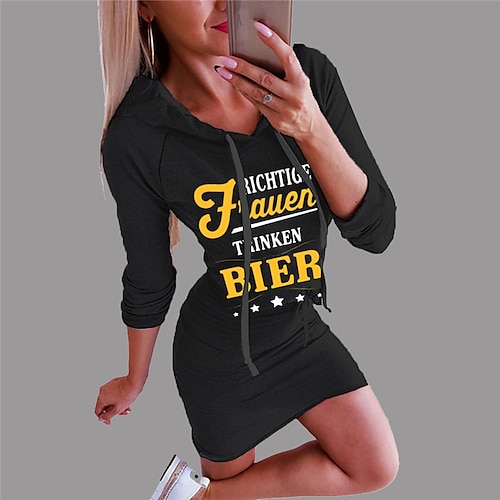 

Women's Bodycon Short Mini Dress Black Long Sleeve Letter Print Fall Winter Hooded Fashion 2022 S M L XL XXL 3XL