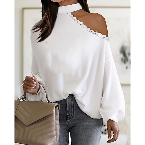 

Women's Shirt Plain Daily Weekend Shirt Long Sleeve Cut Out One Shoulder Casual Streetwear White S