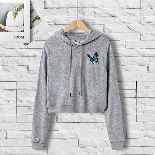 

Women's Hoodie Basic Print Black Gray Yellow Butterfly Loose Casual Hooded Long Sleeve Cotton S M L