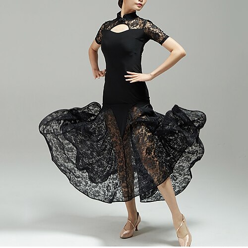 

Ballroom Dance Dress Lace Split Joint Women's Training Performance Short Sleeve Crystal Cotton