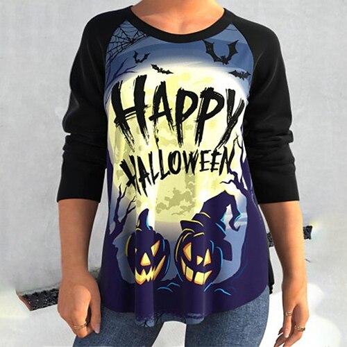 

Women's Plus Size Tops T shirt Tee Halloween Pumpkin Print Long Sleeve Crewneck Streetwear Halloween Daily Polyester Fall Spring Black