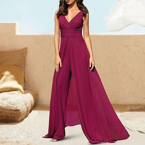 

Jumpsuits Evening Dresses Elegant Dress Wedding Guest Chapel Train Sleeveless V Neck Chiffon with Ruched Pure Color 2022