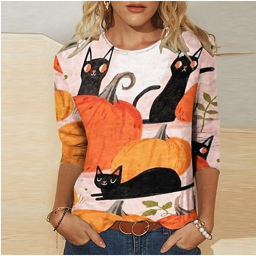 

Women's Blouse Pumpkin Animal Casual Daily Holiday Blouse Long Sleeve Print V Neck Casual Purple Yellow Light Green S / 3D Print