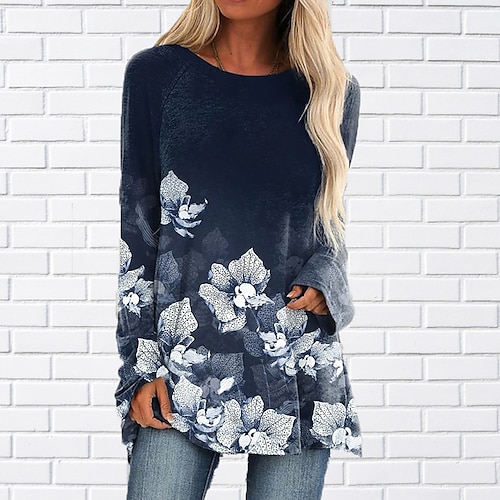 

Women's T shirt Tee Flower Casual Weekend T shirt Tee Long Sleeve Print Round Neck Basic Black Blue Gray S / 3D Print